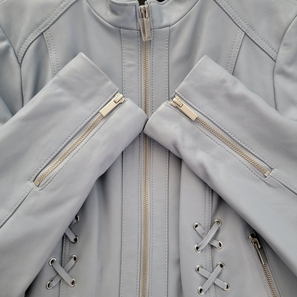Neiman Marcus Light Blue Leather Lace-Up Moto Leather Jacket - Picture 13 of 16